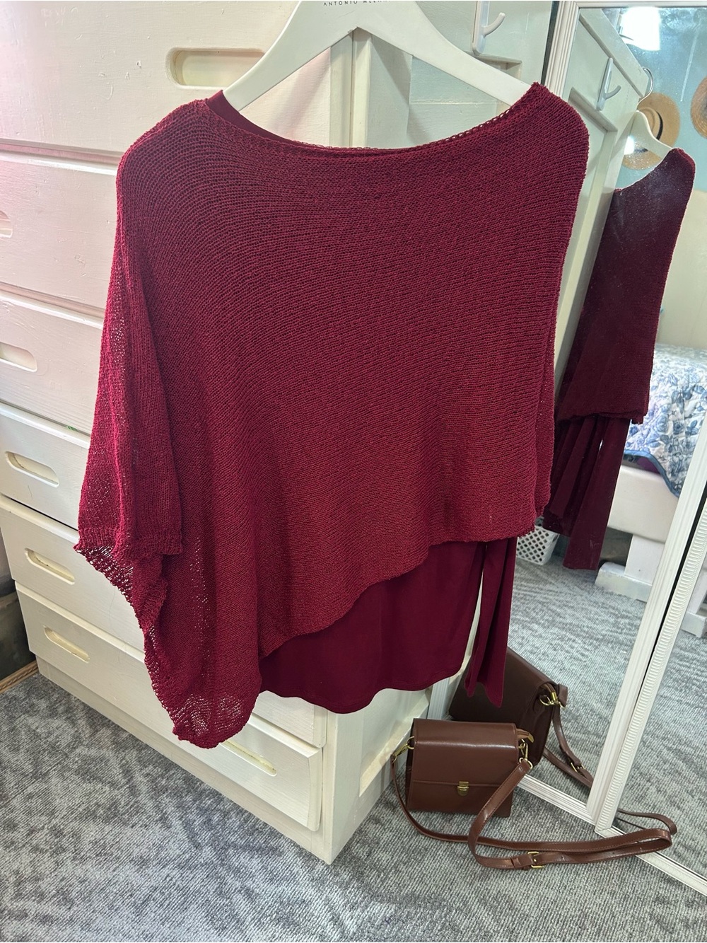 Burgundy Draped Knit Overthrow Poncho Long Sleeve Layering Set Timeless Elegant✨